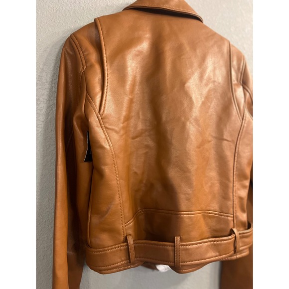 Rebecca Minkoff Cognac Brown Vegan Faux Leather Moto‎ Jacket Biker Zip Up Small - Picture 6 of 13